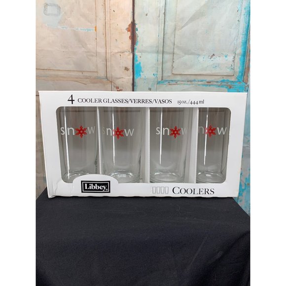 Libby "Snow" 15 Oz Coolers 4pc set Red Snowflakes - Picture 2 of 7